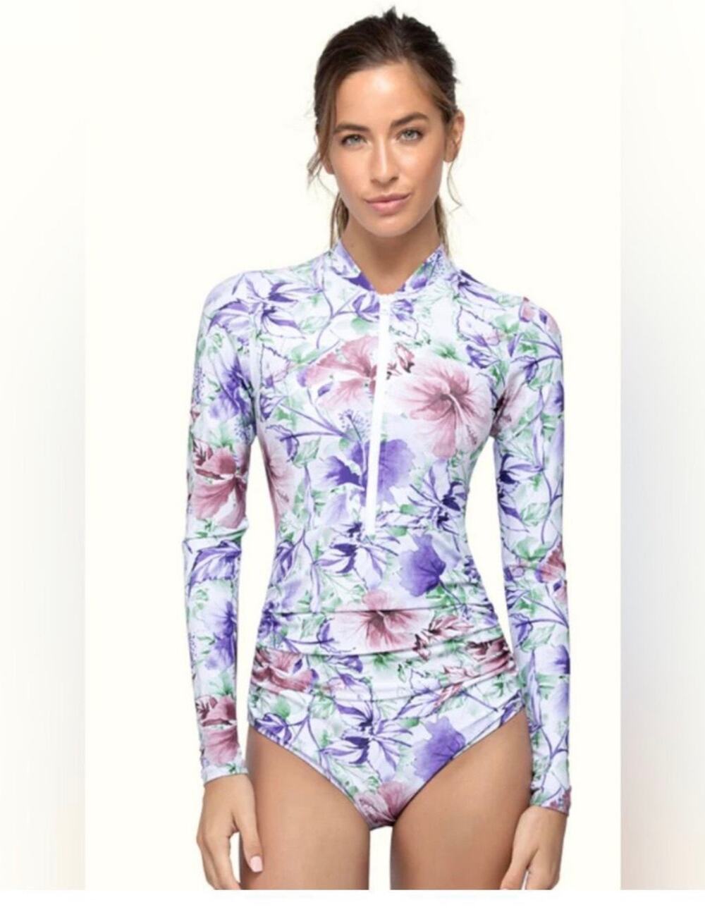 BRAND NEW $55 NWT AXESEA size 12 Side Ruching Long Sleeve One Piece Swimsuit